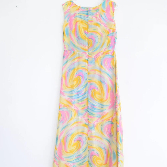 Yellow Teal Pink Tie Dye Sleeveless  Sunset Rainbow Cloud Flowy Maxi Dress M - Picture 10 of 13